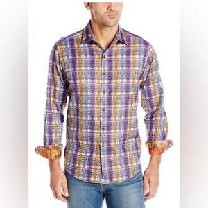 Robert Graham Nasir multi color purple plaid sport long sleeve mens L flip cuff